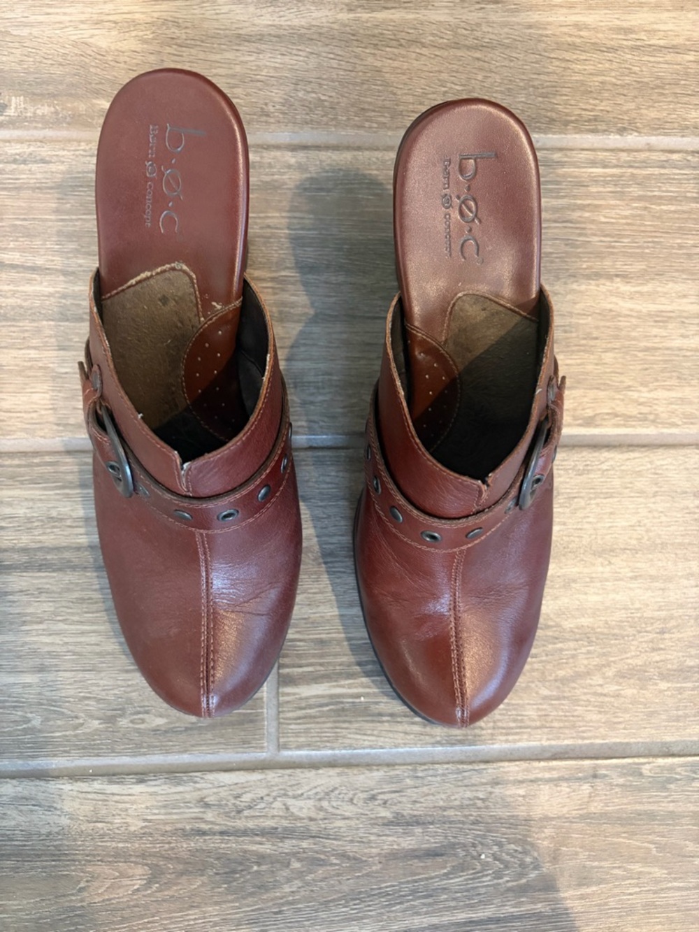b.o.c. Chestnut Brown Leather Slip-On Clogs with Buckle Detail. Heel height 3.5